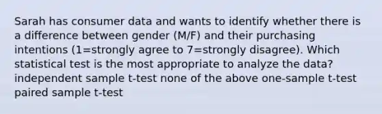 Sarah has consumer data and wants to identify whether there is a difference between gender (M/F) and their purchasing intentions (1=strongly agree to 7=strongly disagree). Which statistical test is the most appropriate to analyze the data? independent sample t-test none of the above one-sample t-test paired sample t-test