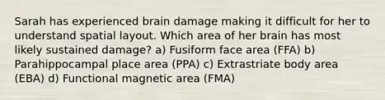 Sarah has experienced brain damage making it difficult for her to understand spatial layout. Which area of her brain has most likely sustained damage? a) Fusiform face area (FFA) b) Parahippocampal place area (PPA) c) Extrastriate body area (EBA) d) Functional magnetic area (FMA)