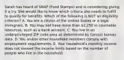 Sarah has heard of SNAP (Food Stamps) and is considering giving it a try. She would like to know which criteria she needs to fulfill to qualify for benefits. Which of the following is NOT an eligibility criterion? A. You are a citizen of the United States or a legal immigrant. B. You may not have more than 2,250 in countable resources, such as a bank account. C. You live in an underprivileged ZIP code area as determined by Census bureau data. D. You and/or other household members comply with employment requirements. E. Your household's monthly income does not exceed the income limits based on the number of people who live in the household.