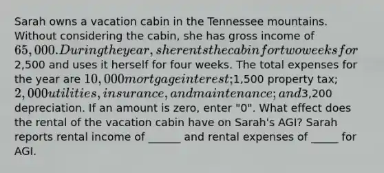 Sarah owns a vacation cabin in the Tennessee mountains. Without considering the cabin, she has gross income of 65,000. During the year, she rents the cabin for two weeks for2,500 and uses it herself for four weeks. The total expenses for the year are 10,000 mortgage interest;1,500 property tax; 2,000 utilities, insurance, and maintenance; and3,200 depreciation. If an amount is zero, enter "0". What effect does the rental of the vacation cabin have on Sarah's AGI? Sarah reports rental income of ______ and rental expenses of _____ for AGI.