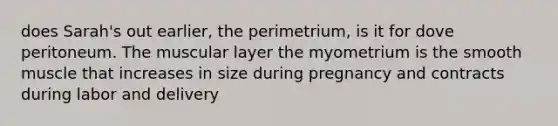 does Sarah's out earlier, the perimetrium, is it for dove peritoneum. The muscular layer the myometrium is the smooth muscle that increases in size during pregnancy and contracts during labor and delivery