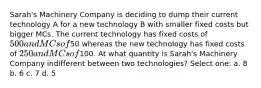 Sarah's Machinery Company is deciding to dump their current technology A for a new technology B with smaller fixed costs but bigger MCs. The current technology has fixed costs of 500 and MCs of50 whereas the new technology has fixed costs of 250 and MCs of100. At what quantity is Sarah's Machinery Company indifferent between two technologies? Select one: a. 8 b. 6 c. 7 d. 5