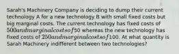 Sarah's Machinery Company is deciding to dump their current technology A for a new technology B with small fixed costs but big marginal costs. The current technology has fixed costs of 500 and marginal costs of50 whereas the new technology has fixed costs of 250 and marginal costs of100. At what quantity is Sarah Machinery indifferent between two technologies?