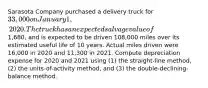 Sarasota Company purchased a delivery truck for 33,000 on January 1, 2020. The truck has an expected salvage value of1,680, and is expected to be driven 108,000 miles over its estimated useful life of 10 years. Actual miles driven were 16,000 in 2020 and 11,300 in 2021. Compute depreciation expense for 2020 and 2021 using (1) the straight-line method, (2) the units-of-activity method, and (3) the double-declining-balance method.