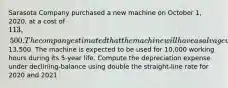 Sarasota Company purchased a new machine on October 1, 2020, at a cost of 113,500. The company estimated that the machine will have a salvage value of13,500. The machine is expected to be used for 10,000 working hours during its 5-year life. Compute the depreciation expense under declining-balance using double the straight-line rate for 2020 and 2021