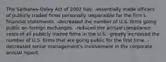 The Sarbanes-Oxley Act of 2002 has: -essentially made officers of publicly traded firms personally responsible for the firm's financial statements. -decreased the number of U.S. firms going public on foreign exchanges. -reduced the annual compliance costs of all publicly traded firms in the U.S. -greatly increased the number of U.S. firms that are going public for the first time. -decreased senior management's involvement in the corporate annual report.