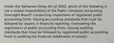 Under the Sarbanes-Oxley Act of 2002, which of the following is not a stated responsibility of the Public Company Accounting Oversight Board? Conducting inspections of registered public accounting firms. Issuing accounting standards that must be followed by issuers in financial reporting. Overseeing the registration of public accounting firms. Issuing auditing standards that must be followed by registered public accounting firms in auditing the financial statements of issuers.