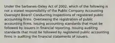 Under the Sarbanes-Oxley Act of 2002, which of the following is not a stated responsibility of the Public Company Accounting Oversight Board? Conducting inspections of registered public accounting firms. Overseeing the registration of public accounting firms. Issuing accounting standards that must be followed by issuers in financial reporting. Issuing auditing standards that must be followed by registered public accounting firms in auditing the financial statements of issuers.