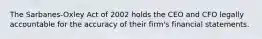 The Sarbanes-Oxley Act of 2002 holds the CEO and CFO legally accountable for the accuracy of their firm's financial statements.