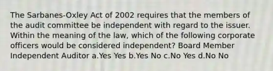 The Sarbanes-Oxley Act of 2002 requires that the members of the audit committee be independent with regard to the issuer. Within the meaning of the law, which of the following corporate officers would be considered independent? Board Member Independent Auditor a.Yes Yes b.Yes No c.No Yes d.No No