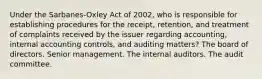 Under the Sarbanes-Oxley Act of 2002, who is responsible for establishing procedures for the receipt, retention, and treatment of complaints received by the issuer regarding accounting, internal accounting controls, and auditing matters? The board of directors. Senior management. The internal auditors. The audit committee.