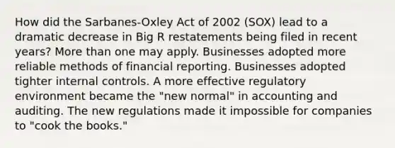 How did the Sarbanes-Oxley Act of 2002 (SOX) lead to a dramatic decrease in Big R restatements being filed in recent years? <a href='https://www.questionai.com/knowledge/keWHlEPx42-more-than' class='anchor-knowledge'>more than</a> one may apply. Businesses adopted more reliable methods of financial reporting. Businesses adopted tighter <a href='https://www.questionai.com/knowledge/kjj42owoAP-internal-control' class='anchor-knowledge'>internal control</a>s. A more effective regulatory environment became the "new normal" in accounting and auditing. The new regulations made it impossible for companies to "cook the books."