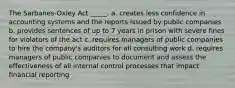 The Sarbanes-Oxley Act _____. a. creates less confidence in accounting systems and the reports issued by public companies b. provides sentences of up to 7 years in prison with severe fines for violators of the act c. requires managers of public companies to hire the company's auditors for all consulting work d. requires managers of public companies to document and assess the effectiveness of all internal control processes that impact financial reporting