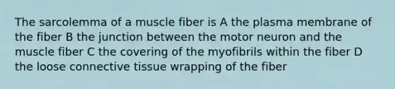 The sarcolemma of a muscle fiber is A the plasma membrane of the fiber B the junction between the motor neuron and the muscle fiber C the covering of the myofibrils within the fiber D the loose <a href='https://www.questionai.com/knowledge/kYDr0DHyc8-connective-tissue' class='anchor-knowledge'>connective tissue</a> wrapping of the fiber