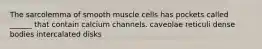 The sarcolemma of smooth muscle cells has pockets called ______ that contain calcium channels. caveolae reticuli dense bodies intercalated disks