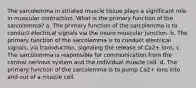 The sarcolemma in striated muscle tissue plays a significant role in muscular contraction. What is the primary function of the sarcolemma? a. The primary function of the sarcolemma is to conduct electrical signals via the neuro muscular junction. b. The primary function of the sarcolemma is to conduct electrical signals, via transduction, signaling the release of Ca2+ ions. c. The sarcolemma is responsible for communication from the central nervous system and the individual muscle cell. d. The primary function of the sarcolemma is to pump Ca2+ ions into and out of a muscle cell.