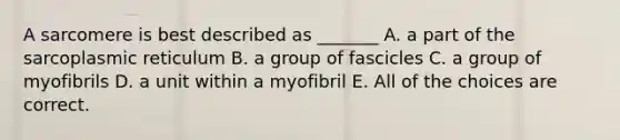 A sarcomere is best described as _______ A. a part of the sarcoplasmic reticulum B. a group of fascicles C. a group of myofibrils D. a unit within a myofibril E. All of the choices are correct.