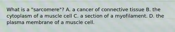 What is a "sarcomere"? A. a cancer of connective tissue B. the cytoplasm of a muscle cell C. a section of a myofilament. D. the plasma membrane of a muscle cell.