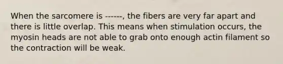 When the sarcomere is ------, the fibers are very far apart and there is little overlap. This means when stimulation occurs, the myosin heads are not able to grab onto enough actin filament so the contraction will be weak.