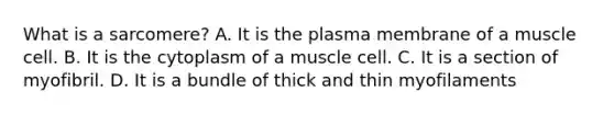 What is a sarcomere? A. It is the plasma membrane of a muscle cell. B. It is the cytoplasm of a muscle cell. C. It is a section of myofibril. D. It is a bundle of thick and thin myofilaments