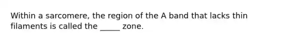 Within a sarcomere, the region of the A band that lacks thin filaments is called the _____ zone.