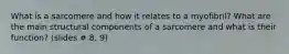 What is a sarcomere and how it relates to a myofibril? What are the main structural components of a sarcomere and what is their function? (slides # 8, 9)