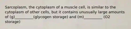 Sarcoplasm, the cytoplasm of a muscle cell, is similar to the cytoplasm of other cells, but it contains unusually large amounts of (g)__________(glycogen storage) and (m)__________ (O2 storage)