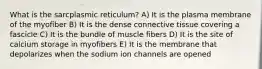 What is the sarcplasmic reticulum? A) It is the plasma membrane of the myofiber B) It is the dense connective tissue covering a fascicle C) It is the bundle of muscle fibers D) It is the site of calcium storage in myofibers E) It is the membrane that depolarizes when the sodium ion channels are opened