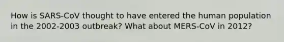 How is SARS-CoV thought to have entered the human population in the 2002-2003 outbreak? What about MERS-CoV in 2012?