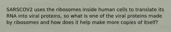 SARSCOV2 uses the ribosomes inside human cells to translate its RNA into viral proteins, so what is one of the viral proteins made by ribosomes and how does it help make more copies of itself?
