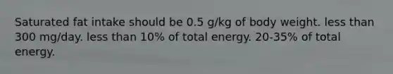 Saturated fat intake should be 0.5 g/kg of body weight. less than 300 mg/day. less than 10% of total energy. 20-35% of total energy.