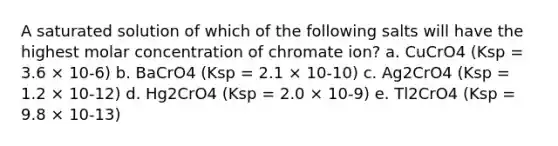 A saturated solution of which of the following salts will have the highest molar concentration of chromate ion? a. CuCrO4 (Ksp = 3.6 × 10-6) b. BaCrO4 (Ksp = 2.1 × 10-10) c. Ag2CrO4 (Ksp = 1.2 × 10-12) d. Hg2CrO4 (Ksp = 2.0 × 10-9) e. Tl2CrO4 (Ksp = 9.8 × 10-13)