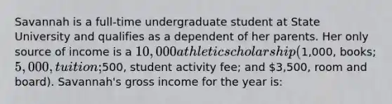 Savannah is a full-time undergraduate student at State University and qualifies as a dependent of her parents. Her only source of income is a 10,000 athletic scholarship (1,000, books; 5,000, tuition;500, student activity fee; and 3,500, room and board). Savannah's gross income for the year is: