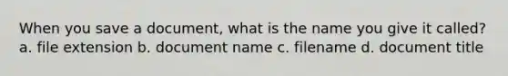 When you save a document, what is the name you give it called? a. file extension b. document name c. filename d. document title