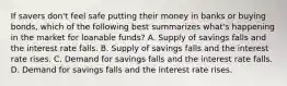 If savers don't feel safe putting their money in banks or buying bonds, which of the following best summarizes what's happening in the market for loanable funds? A. Supply of savings falls and the interest rate falls. B. Supply of savings falls and the interest rate rises. C. Demand for savings falls and the interest rate falls. D. Demand for savings falls and the interest rate rises.