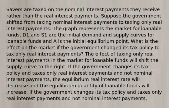 Savers are taxed on the nominal interest payments they receive rather than the real interest payments. Suppose the government shifted from taxing nominal interest payments to taxing only real interest payments. The graph represents the market for loanable funds. D1 and S1 are the initial demand and supply curves for loanable funds and A is the initial equilibrium point. What is the effect on the market if the government changed its tax policy to tax only real interest​ payments? The effect of taxing only real interest payments in the market for loanable funds will shift the supply curve to the right. If the government changes its tax policy and taxes only real interest payments and not nominal interest​ payments, the equilibrium real interest rate will decrease and the equilibrium quantity of loanable funds will increase. If the government changes its tax policy and taxes only real interest payments and not nominal interest​ payments,