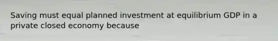 Saving must equal planned investment at equilibrium GDP in a private closed economy because