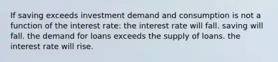 If saving exceeds investment demand and consumption is not a function of the interest rate: the interest rate will fall. saving will fall. the demand for loans exceeds the supply of loans. the interest rate will rise.