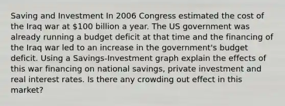 Saving and Investment In 2006 Congress estimated the cost of the Iraq war at 100 billion a year. The US government was already running a budget deficit at that time and the financing of the Iraq war led to an increase in the government's budget deficit. Using a Savings-Investment graph explain the effects of this war financing on national savings, private investment and real interest rates. Is there any crowding out effect in this market?