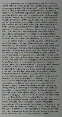 Saving & investment are key ingredients to long-run economic growth: When a country saves a large portion of its GDP, more resources are available for investment in capital, & higher capital raises a country's productivity & living standard. The national income accounts include, in particular, GDP & the many related statistics. Rules of national income accounting include several important identities. Recall that an identity is an equation that must be true because of the way the variables in the equation are defined. Identities are useful to keep in mind because they clarify how different variables are related to one another. Recall that gross domestic product (GDP) is both total income in an economy & the total expenditure on the economy's output of g's & s's. GDP (denoted as Y) is divided into four components of expenditure: consumption (C), investment (I), govt purchases (G), & net exports (NX): Y=C+I+G+NX. A closed economy is one that doesn't interact with other economies. In particular, a closed economy doesn't engage in international trade in g's & s's, & it doesn't engage in international borrowing & lending. Actual economies are open economies—that is, they interact with other economies around the world. Nonetheless, assuming a closed economy is a useful simplification with which we can learn some lessons that apply to all economies. Policy 3 If govt spending exactly equals tax revenue, the govt is said to have a balanced budget. Thus, the most basic lesson about budget deficits follows directly from their effects on the supply and demand for loanable funds: When the govt reduces national saving by running a budget deficit, the interest rate rises & investment falls. Because investment is important for long-run economic growth, govt budget deficits reduce the economy's growth rate. Why, you might ask, does a budget deficit affect the supply of loanable funds, rather than the demand for them? After all, the government finances a budget deficit by selling bonds, thereby borrowing from the private sector. Comes from policy 3. Why does increased borrowing by the govt shift the supply curve, whereas increased borrowing by private investors shifts the demand curve? To answer this question, we need to examine more precisely the meaning of "loanable funds." The model as presented here takes this term to mean the flow of resources available to fund private investment; thus, a govt budget deficit reduces the supply of loanable funds. If, instead, we had defined the term "loanable funds" to mean the flow of resources available from private saving, then the govt budget deficit would increase demand rather than reduce supply. Changing the interpretation of the term would cause a semantic change in how we described the model, but the upshot of the analysis would be the same: In either case, a budget deficit increases the interest rate, thereby crowding out private borrowers who are relying on financial markets to fund private investment projects.