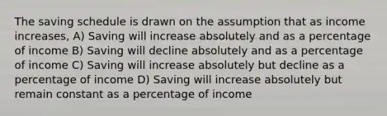 The saving schedule is drawn on the assumption that as income increases, A) Saving will increase absolutely and as a percentage of income B) Saving will decline absolutely and as a percentage of income C) Saving will increase absolutely but decline as a percentage of income D) Saving will increase absolutely but remain constant as a percentage of income