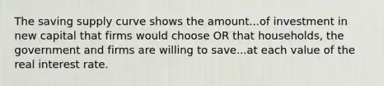 The saving supply curve shows the amount...of investment in new capital that firms would choose OR that households, the government and firms are willing to save...at each value of the real interest rate.