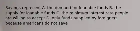 Savings represent A. the demand for loanable funds B. the supply for loanable funds C. the minimum interest rate people are willing to accept D. only funds supplied by foreigners because americans do not save