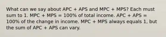 What can we say about APC + APS and MPC + MPS? Each must sum to 1. MPC + MPS = 100% of total income. APC + APS = 100% of the change in income. MPC + MPS always equals 1, but the sum of APC + APS can vary.