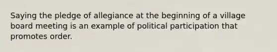 Saying the pledge of allegiance at the beginning of a village board meeting is an example of political participation that promotes order.