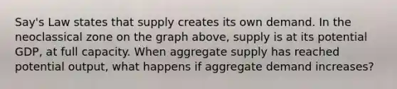 Say's Law states that supply creates its own demand. In the neoclassical zone on the graph above, supply is at its potential GDP, at full capacity. When aggregate supply has reached potential output, what happens if aggregate demand increases?