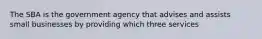 The SBA is the government agency that advises and assists small businesses by providing which three services