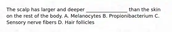 The scalp has larger and deeper _________________ than the skin on the rest of the body. A. Melanocytes B. Propionibacterium C. Sensory nerve fibers D. Hair follicles