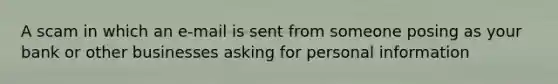 A scam in which an e-mail is sent from someone posing as your bank or other businesses asking for personal information