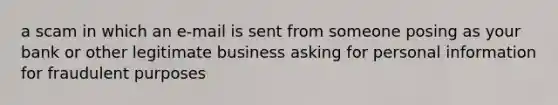 a scam in which an e-mail is sent from someone posing as your bank or other legitimate business asking for personal information for fraudulent purposes